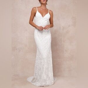 NWT Lulus Everlasting Passion White Sequin Beaded Backless Maxi Wedding Dress M